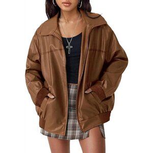 🆕Women's Brown Faux Leather Zip-Up Jacket with Ribbed Cuffs and Pockets